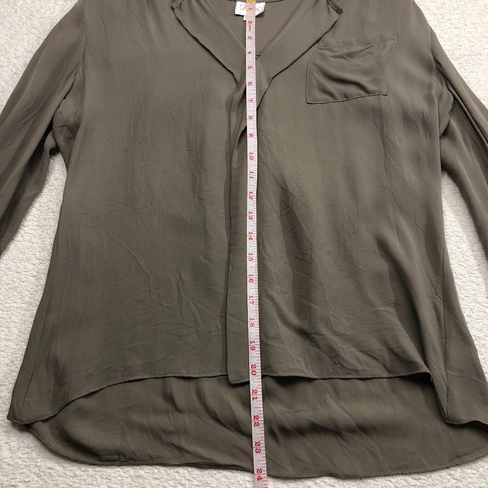 PARKER Women’s V Neck High Low Long Sleeve 100% Silk Blouse Green - Picture 6 of 9